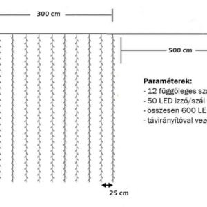 LED-es fényfüggöny, hideg fehér 3x6m (600 LED) – távirányítóval