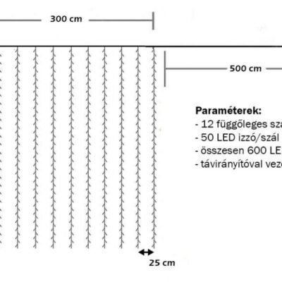 LED-es fényfüggöny, hideg fehér 3x6m (600 LED) – távirányítóval