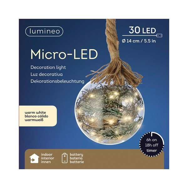 Prémium micro LED karácsonyi gömbdísz juta kötéllel - 14 cm, 30 LED 3 Prémium micro LED karácsonyi gömbdísz juta kötéllel – 14 cm, 30 LED