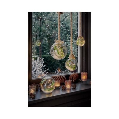 Prémium micro LED karácsonyi gömbdísz juta kötéllel – 14 cm, 30 LED