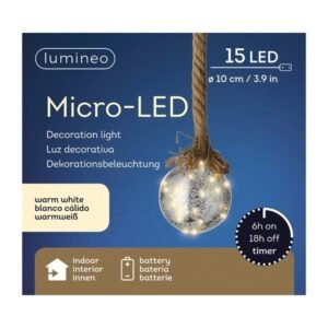 Prémium micro LED karácsonyi gömbdísz juta kötéllel – 20 cm, 40 LED