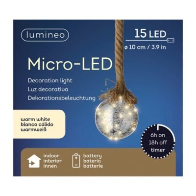 Prémium micro LED karácsonyi gömbdísz juta kötéllel – 20 cm, 40 LED