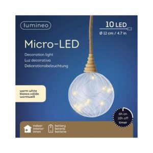 Prémium micro LED karácsonyi gömbdísz pamut kötéllel – 12 cm, 10 LED