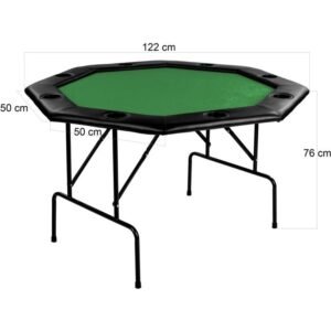 Profi pókerasztal használatával élvezetesebb lesz a játék. Összecsukható, praktikus, könnyen szállítható. Méretek: 122x122x76 cm