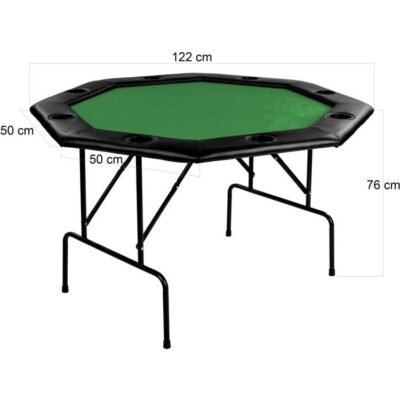 Profi pókerasztal használatával élvezetesebb lesz a játék. Összecsukható, praktikus, könnyen szállítható. Méretek: 122x122x76 cm