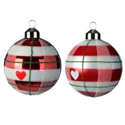 Csillogó üveg gömbdísz szív minta 8 cm