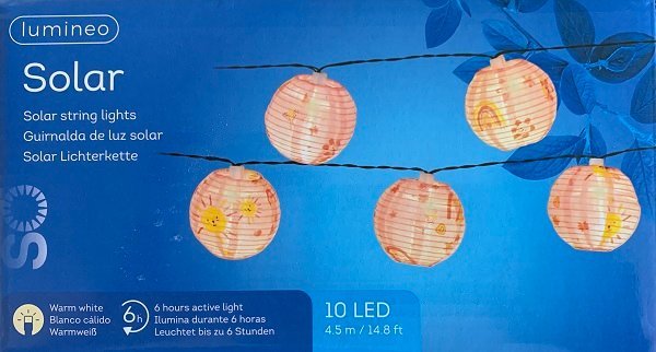 Napelemes lampionfüzér (10 mintás lampion, 10 meleg fehér LED) 3 szolár lampionfüzér